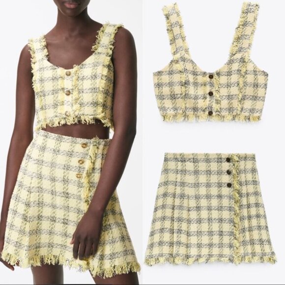 Zara SET Textured Tweed Plaid Crop Top + Skirt Yellow Black Size XS - Picture 6 of 15